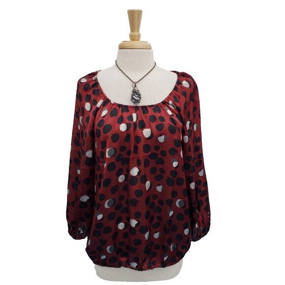 Monroe & Main Red Polka Dot Print Peasant Blouse L Sheer 3/4 Balloon Sleeve Top - Picture 2 of 15
